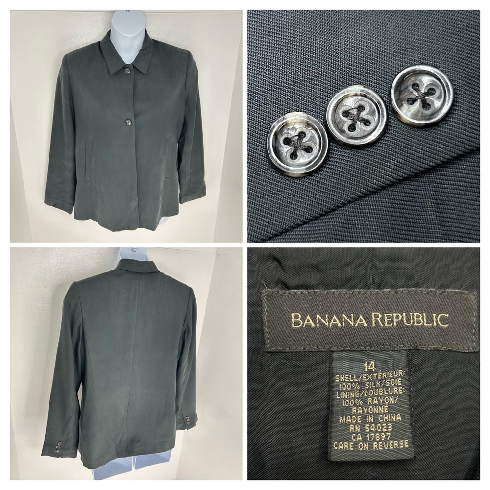Banana Republic Blazer Trench Jacket Size 14 100%‎ Silk Gray Academia Office